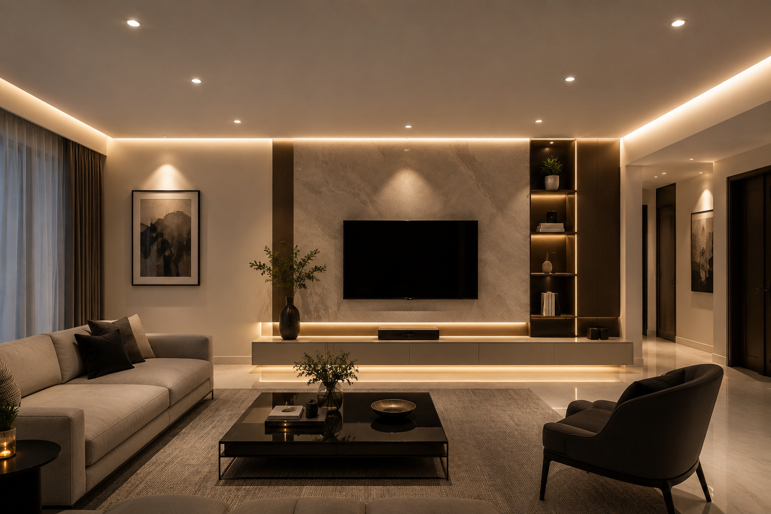 False Ceiling Spotlights And LED Strip Lighting Design For Living Room